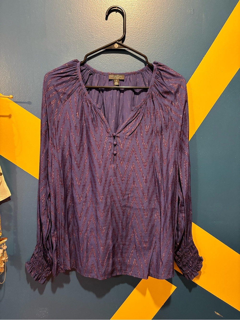 Anthropologie Current Air Dark Blue & Metallic Purple Long Sleeve Blouse NWOT
